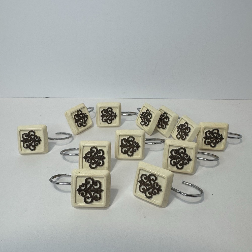 Vintage Square Tile Shower Curtain Hooks Set Cream Beige Brown Scroll Motif